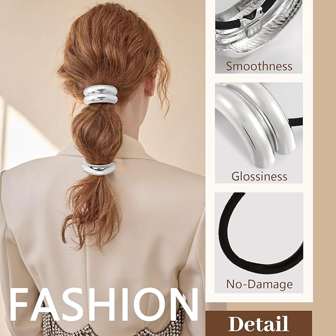 3PCS Silver Hair Ties, Metal Hair Ties for Thick Hair, Elegant Durable Geometric Design, Silver Hair Accessories Stretchy and Non-Damage Ponytail Holders, 3 Styles in Box Gifts Holiday