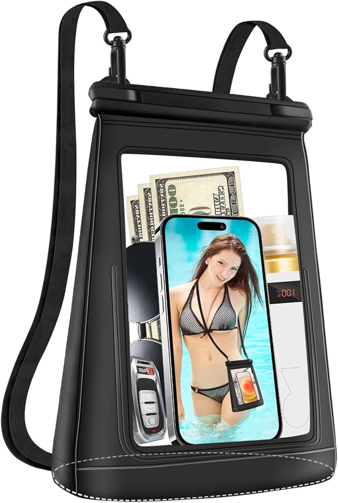 2L Waterproof Phone Pouch for Cruise Essentials 2025, Waterproof Bag Floating for Beach Vacation Essentials Cruise Ship, IPX8 Large Crossbody Dry Bag for iPhone 16 15 14 13 12 11 Pro Max Galaxy Black
