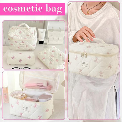 4 Piece Cute Pink Bow Quilted Makeup Bag Set, Large Capacity Travel Makeup Bags for Women and Girls, Includes Small, Small-Medium，Medium, and Large aesthetic makeup&Cosmetic Bags (4PCS-Pink Bow)