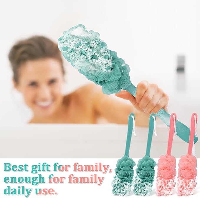 4Pack Back Scrubber for Shower Loofah with Long Handle, Shower Brush for Body, 17″ Loofah on a Stick for Men Women Bathing Accessories, Scrubber Sponge for Exfoliating Bath Brushes (Pink & Green)