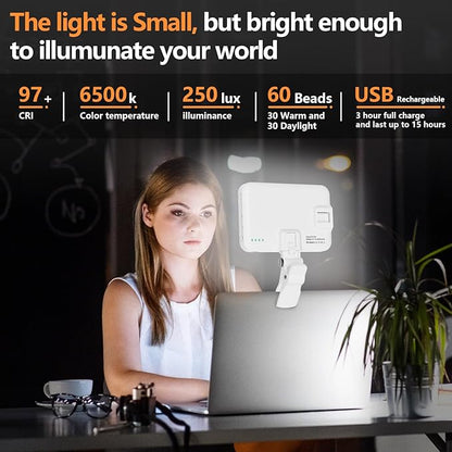 Portable LED Photo Light - USB-Rechargeable, Up to 6500K Color Temperature for Selfie, Zoom Conference, Video, Makeup