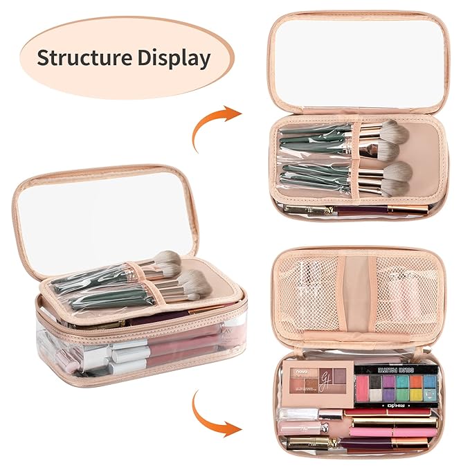 OCHEAL Clear Makeup Bag, Portable Makeup Storage Organizer Cosmetic Bag, Travel Makeup Bag Cute Clear Pouch For Women and Girls Cosmetics Bags with Divider Makeup Brush Compartment-Rose Gold