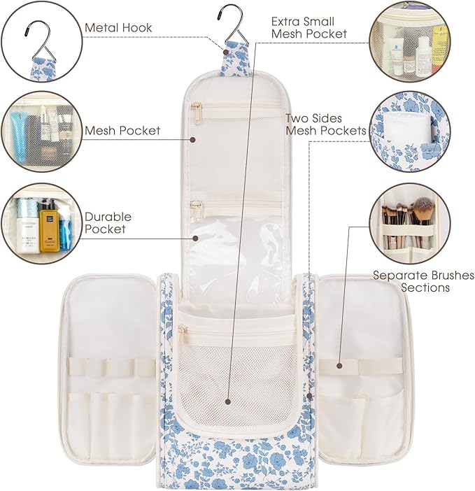 Narwey Hanging Toiletry Bag Women Travel Makeup Bag Organizer Toiletries Bag for Travel Size Essentials Accessories Cosmetics (Medium,Little Blue Flower)