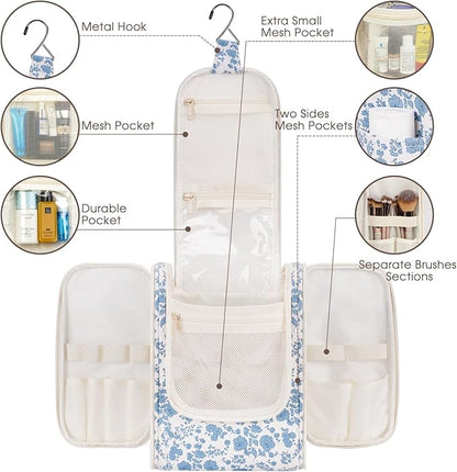 Narwey Hanging Toiletry Bag Women Travel Makeup Bag Organizer Toiletries Bag for Travel Size Essentials Accessories Cosmetics (Medium,Little Blue Flower)