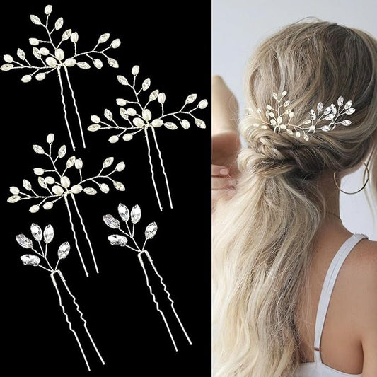 5 Pcs Rhinestone Bridal Hair Pins Sparkly Bride Hair Piece for Women Crystal Pearl Hair Accessories for Bride Bridesmaids Flower Girls(Silver)
