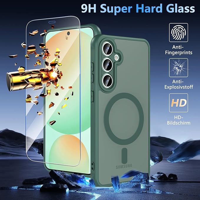 OWKEY for Samsung Galaxy S24 FE Case 6.7'', Magnetic Galaxy S24 FE Case for Magsafe with Tempered Screen Protector [Shockproof Military] Translucent Matte Bumper Phone Cover Samsung S24 FE 5G, Green