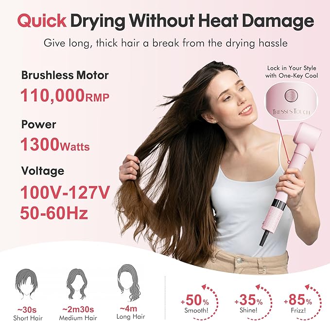 6-in-1 High-Speed Hair Dryer Brush Blow Dryer 110,000 RPM with Interchangeable Heads, Hair Styling Tools for Styling No Heat Damage, Magic Air Wrap Hair Styler, Blowout Thermal Brush Set, Pink