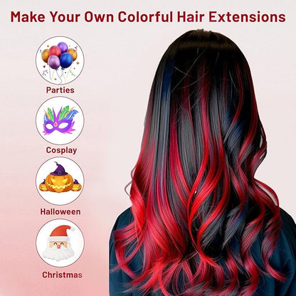 16 Pcs Colored Hair Extensions Curly Wavy Clip in Synthetic Hairpiece Streak for Girls Women Kids,Multi-colors Party Highlights Cosplay Festival Gift(Red)