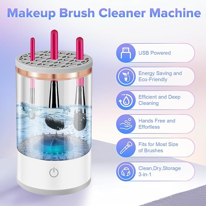 Electric Makeup Brush Cleaner Machine, 2 in 1 Cosmetic Brush Cleaner with Cleaner Mat, Automatic Spinning Washer Combined for All Size Makeup Brushes & Sponges, Beauty Cleaning Tool Gifts for Women
