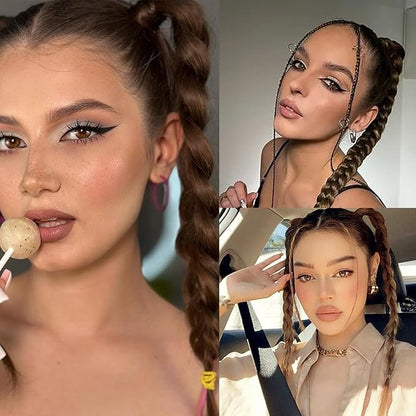 2Pcs Braided Ponytail Extensions with Hair Ties Light Brown Soft 16 Inch Synthetic Hair Pieces for Women Daily Wear Hair Accessories Styling Tools
