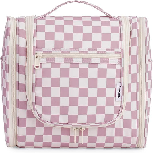 Narwey Checked Hanging Travel Toiletry Bag for Women, Travel Bag for Toiletries, Makeup Bag Organizer Cosmetic Bags Make Up Bags for Women (Dusty Rose Checkerboard)