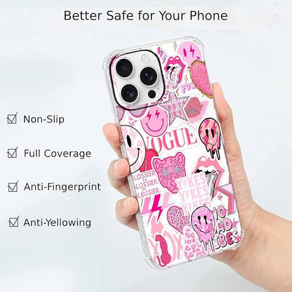 Case for iPhone 16 Pro Max with Pink Design,Aesthetic Hippie Indie Popular Elements Pattern,Shockproof Soft TPU Bumper Phone Cover(16pm,Pink)