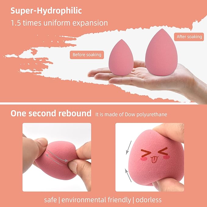 COSTICA Makeup Sponge, 4 Pcs Beauty Blender for Foundation Blending Sponge, Pink Makeup Blender with Storage Box, Flawless for Liquid Cream and Powder