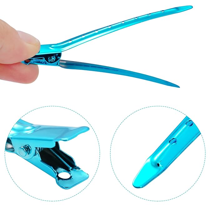 24 Packs Duck Bill Clips, Bantoye 3.35 Inches Rustproof Metal Alligator Curl Clips with Holes for Hair Styling, Hair Coloring, Bright Blue