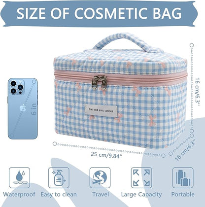 1pc Large Makeup Bag, Cute Cosmetic Bag for Women Girls, Floral Coquette Aesthetic Toiletry Bag, Travel Make Up Organizer Bag (Blue Plaid Bow）