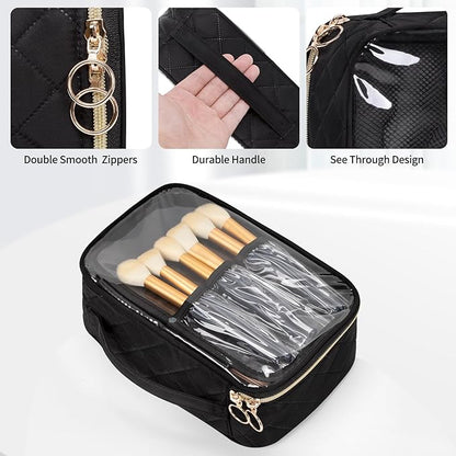 OCHEAL Clear Makeup Bag, Portable Cosmetic Bag Storage Organizer, Travel Makeup Bag Cute Clear Pouch For Women and Girls Cosmetics Bags with Divider Makeup Brush Compartment-Large Black