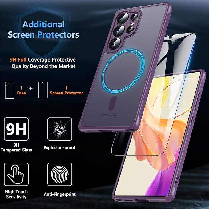 OWKEY Samsung Galaxy S25 Ultra Case 6.86'', Magnetic S25 Ultra Case for Magsafe with Tempered Glass Screen, [Shockproof Military] Translucent Back Slim Bumper Cover Phone Case Galaxy S25 Ultra, Purple