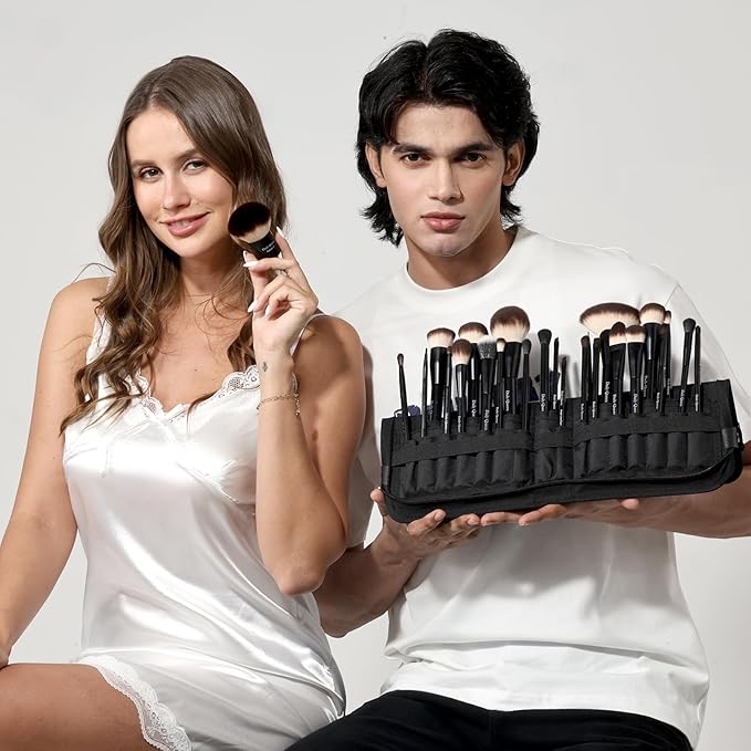 25 pcs Makeup Brush Set Holder Black Professional Kabuki Powder Concealers Eye shadows Blush Eyeliner Eyebrow Contour Eye blending Brushes