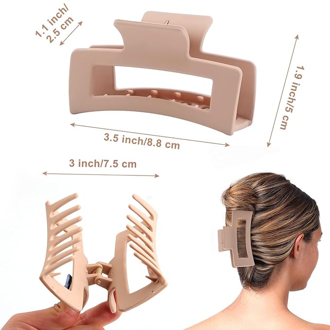 6 Pack Square Claw Clips for Women Girls, 3.5" Medium Non-slip Rectangular Matte Claws Strong Jumbo Hair Styling Accessories for Thin Hair