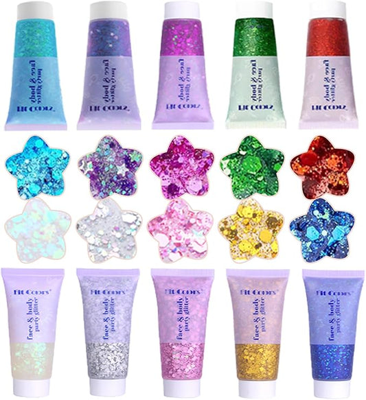 Face Body Glitter, Hair Glitter Sparkles Chunky Face Glitter Gel for Girls Makeup Singer Concerts Mermaid Festival Sequins Face Paint (White+Silver+Gold+Pink+Blue+Purple+Red+Light Blue+Green+Rose)