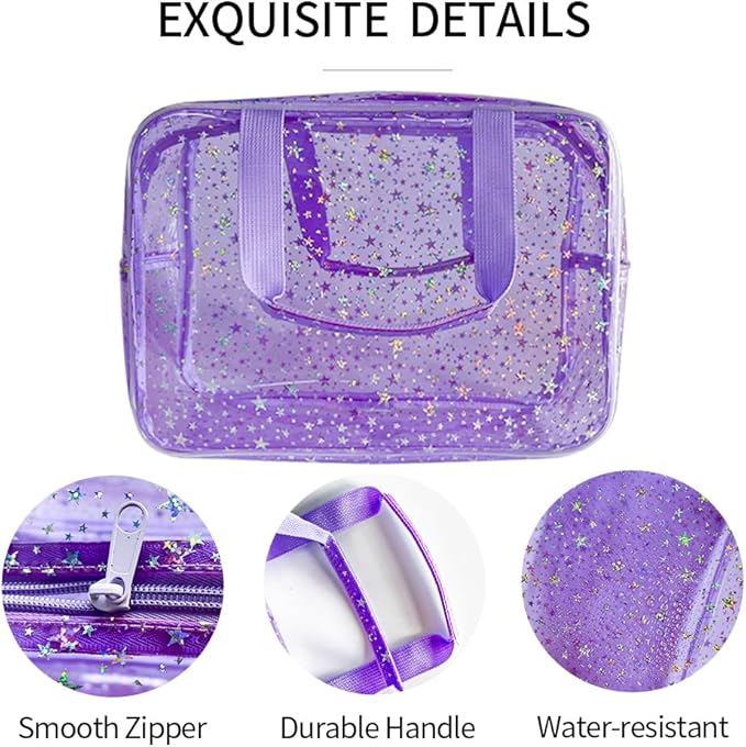 12”X5“X8” Portable 8L Purple Clear Makeup Bag Twinkle Star Toiletry Bag Waterproof Cosmetic Bag With Zipper & Handle for Concert Sports Events Travel Commuting Beach Essential