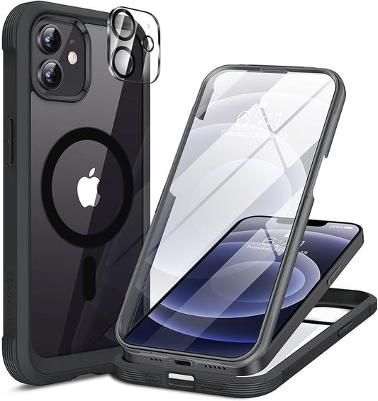 Miracase Magnetic Glass Series for iPhone 12/12 Pro - Full-Body Rugged Protective Case with Built-in 9H Tempered Glass Screen Protector and Camera Lens Protector, Magnetic Black