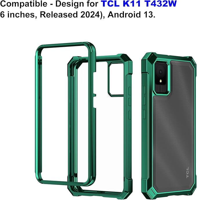 Ailiber Case for TCL K11, TCL T432W Phone Case with Screen Protector, Dual Layer Shockproof Bumper, Clear Transparent Anti Yellowing, Military Grade Drop Protection Cover-Green