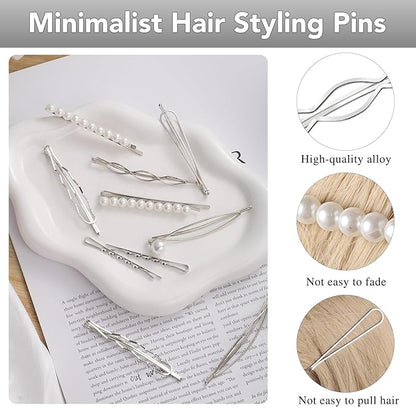 16 Pieces Geometric Metal Hair Pins, Silver Hair Pins Pearls Hair Clips Hair Barrettes Metal Bobby Pins for Woman Girls