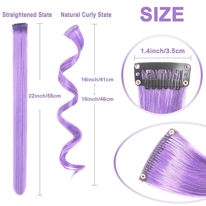 10 PCS Light Purple Hair Extensions Clip-In, Curly Wavy Synthetic Hairpieces Clip in Rainbow Neon Party Highlights, Colorful Hair Accessories for Kids Girls Women 17 inch (Light Purple)