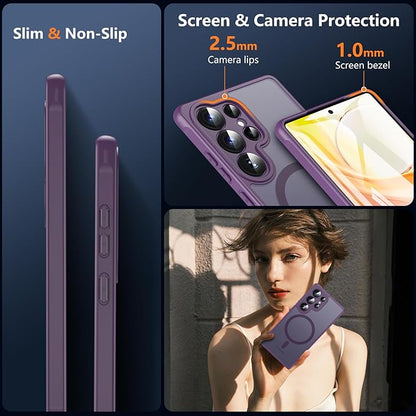 OWKEY Samsung Galaxy S25 Ultra Case 6.86'', Magnetic S25 Ultra Case for Magsafe with Tempered Glass Screen, [Shockproof Military] Translucent Back Slim Bumper Cover Phone Case Galaxy S25 Ultra, Purple