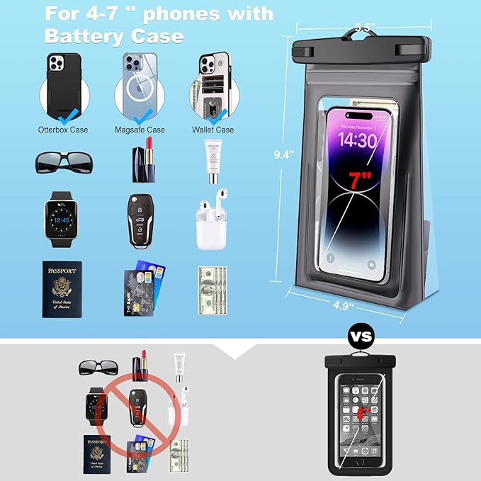 2 Pack Waterproof Pouch Floating with Sealing Strip, 9'' Large Cell Phone Dry Protector Case for iPhone 15 14 13 12 11 Pro Max Plus Samsung Galaxy, Water Proof Bag Holder for Beach Swimming