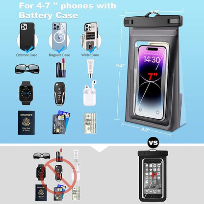 2 Pack Waterproof Pouch Floating with Sealing Strip, 9'' Large Cell Phone Dry Protector Case for iPhone 15 14 13 12 11 Pro Max Plus Samsung Galaxy, Water Proof Bag Holder for Beach Swimming