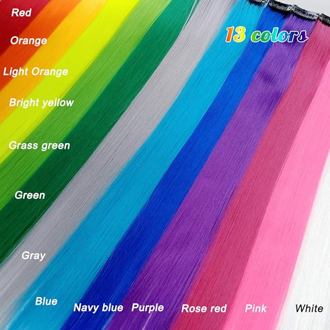 26 Packs Colored Hair Extensions 20Inch Straight Multi-Colors Party Highlights Clip In Hair Extension Synthetic Rainbow Hairpieces for Girls Kids Gift(13 colored)