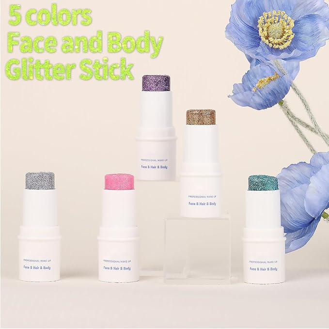 Green Body Glitter Stick Shimmer Sparkle Face Glitter for Face Body Hair Eyes, Glitter Makeup Stick for Rave Festival Party Concerts, Long-Lasting Vegan Cruelty-Free