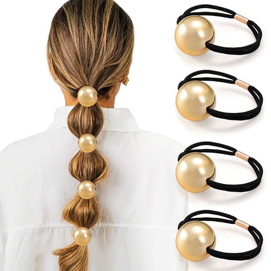 4PCS Gold Hair Ties, Metal Hair Ties for Thick Hair, Elegant Durable Round Geometric Design Hair Cuffs for Ponytails, Gold Hair Accessories Stretchy Non-Damage Ponytail Holders Holiday Gifts