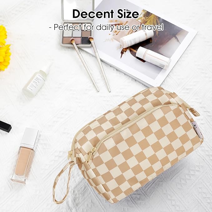 Narwey Large Checkered Makeup Bag Women Wide-open Make up Bag Travel Cosmetic Bag Organizer Toiletry Bag for Cosmetics Toiletries Accessories (Light Checkerboard)