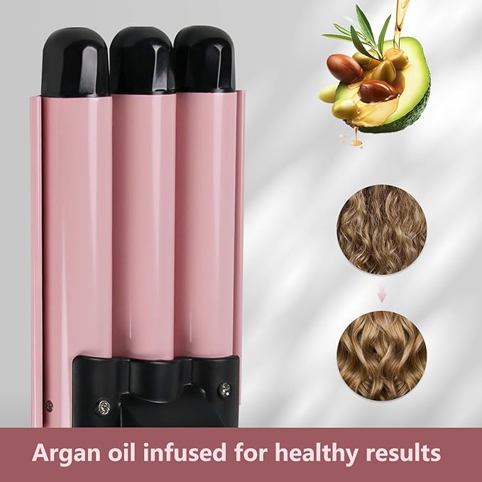 3 Barrel Curling Iron Wand, janelove 1 Inch Ceramic Tourmaline Triple Barrels, Hair Waver with Two Temperature Control, Fast Heating Portable Beach Waver Curling Iron-Pink