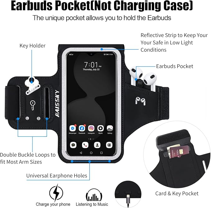Running Armband with Earbuds Bag Cell Phone Armband for iPhone 16 15 Pro 14 Plus 13 11 XR XS, Galaxy S24/S10 Water Resistant Sports Phone Holder Case & Zipper Slot Car Key Holder for 6.9 inch Phone