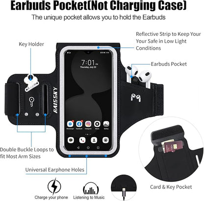 Running Armband with Earbuds Bag Cell Phone Armband for iPhone 16 15 Pro 14 Plus 13 11 XR XS, Galaxy S24/S10 Water Resistant Sports Phone Holder Case & Zipper Slot Car Key Holder for 6.9 inch Phone