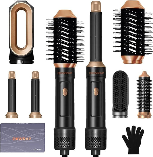 6 in ONE Blow Dryer Brush, Curling Wand Hair Styling Tools Set, Ionic Hot Air Brush Hair Dryer, Massage Oval Hair Dryer Brush, Left&Right Hair Curlers (Black Gold)