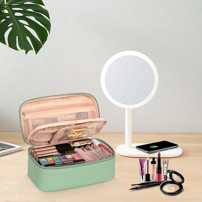 OCHEAL Small Makeup Bag,Portable Cute Travel Makeup Bag Pouch for Women Girls Makeup Brush Organizer Cosmetics Bags with Compartment-Light Green