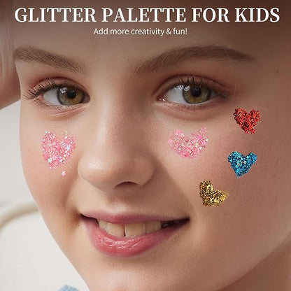 FANDAMEI Face Glitter, 2 Gel Palette 18 Grids, Body Hair Glitter for Kids Women for Makeup, Halloween Rave Concert Face Paint Glitter