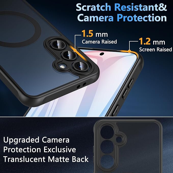OWKEY for Samsung Galaxy S24 FE Case 6.7'', Magnetic Galaxy S24 FE Case for Magsafe with Tempered Screen Protector [Shockproof Military] Translucent Matte Bumper Phone Cover Samsung S24 FE 5G, Black