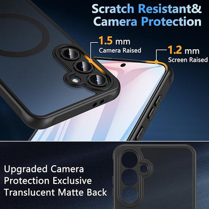 OWKEY for Samsung Galaxy S24 FE Case 6.7'', Magnetic Galaxy S24 FE Case for Magsafe with Tempered Screen Protector [Shockproof Military] Translucent Matte Bumper Phone Cover Samsung S24 FE 5G, Black