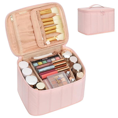 OCHEAL Travel Makeup Bag, Cosmetic Bags for Women Makeup Case Organizer Large Capacity Travel Toiletry Bag Storage Bags with Divider and Handle for Cosmetics Toiletries Brushes Tools-Pink