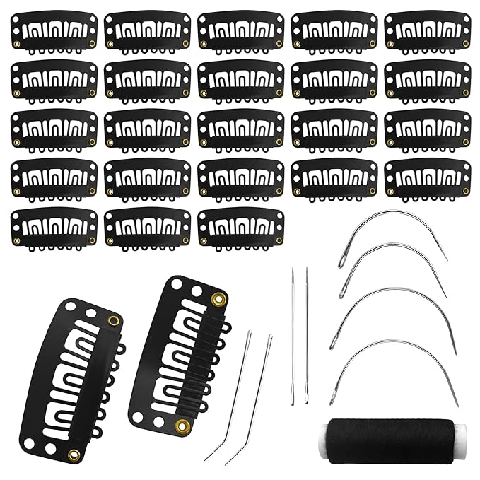 25Pcs 32mm Hairpieces Snap Clips U Shape Wig Clips for Hair Extensions Making Wig Accessories Set Tools (Black)