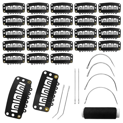 25Pcs 32mm Hairpieces Snap Clips U Shape Wig Clips for Hair Extensions Making Wig Accessories Set Tools (Black)