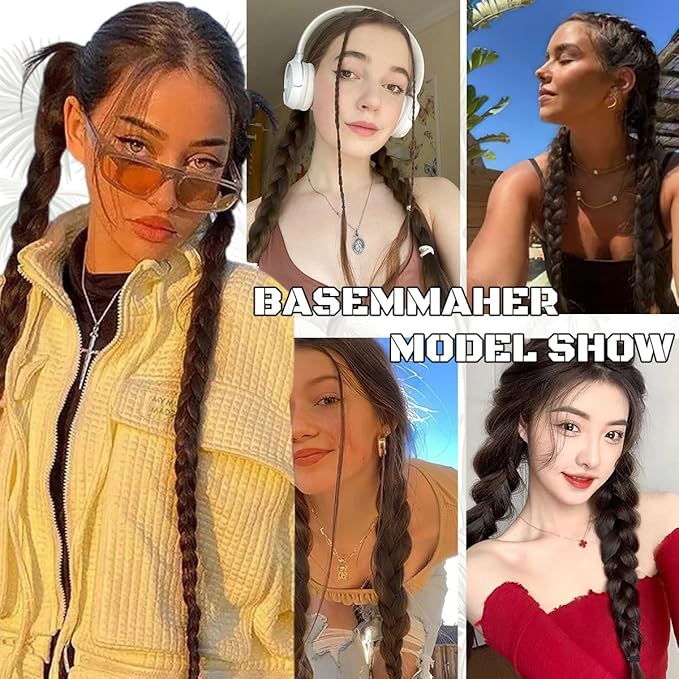 2Pcs Braided Ponytail Extensions with Hair Ties Soft Synthetic Hair Pieces Straight Wrap Around Hair Extensions Pony Tail Hairpieces Accessories for Women Daily Wear 16 Inch (Dark Brown)
