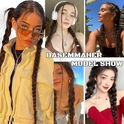 2Pcs Braided Ponytail Extensions with Hair Ties Soft Synthetic Hair Pieces Straight Wrap Around Hair Extensions Pony Tail Hairpieces Accessories for Women Daily Wear 16 Inch (Dark Brown)