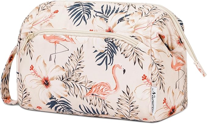 Narwey Women Makeup Bag Wide-open Make up Bag Travel Cosmetic Organizer Toiletry Bag for Cosmetics Toiletries Accessories (Beige Flamingo)
